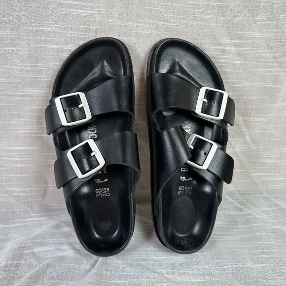 Birkenstock Premium Leather Soled Arizona Sandal Black White Buckle Minimalist - Picture 1 of 5